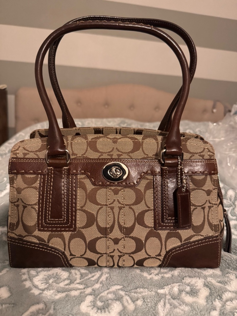 Coach Brown Signature Canvas Shoulder Bag with Leather Trim